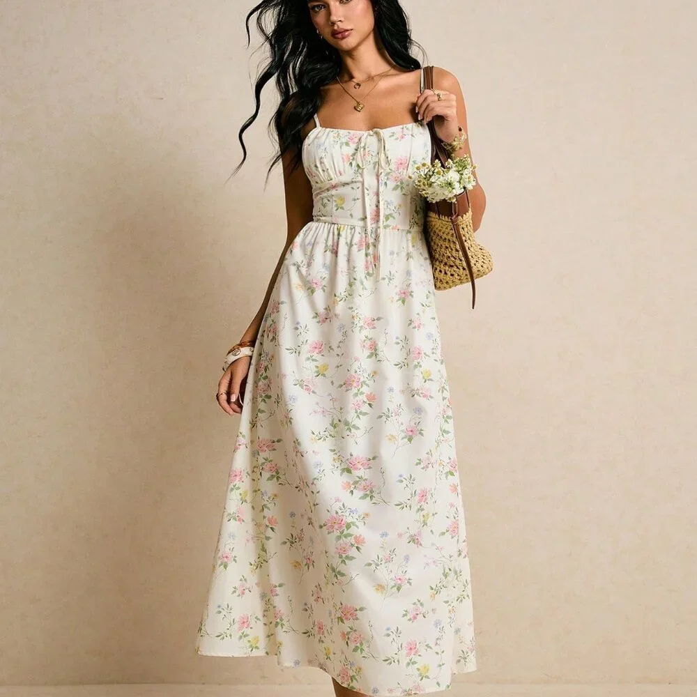 Multicolor Boho Women's Smocked Midi Sundress - Picture 4 of 8